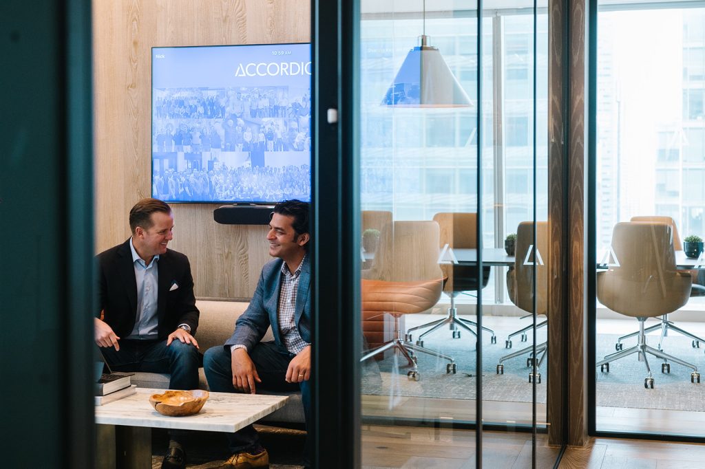 Nick Leopard, left, founder and chief executive of Accordion, with Atul Aggarwal, the company’s president, at their New York headquarters.